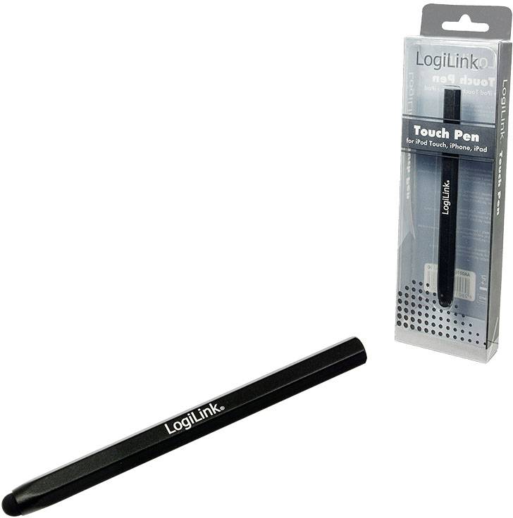 Zwarte LogiLink Touch Pen naast zijn verpakking, geschikt voor iPod Touch, iPhone en iPad. Verpakking toont de pen rechtop staand.