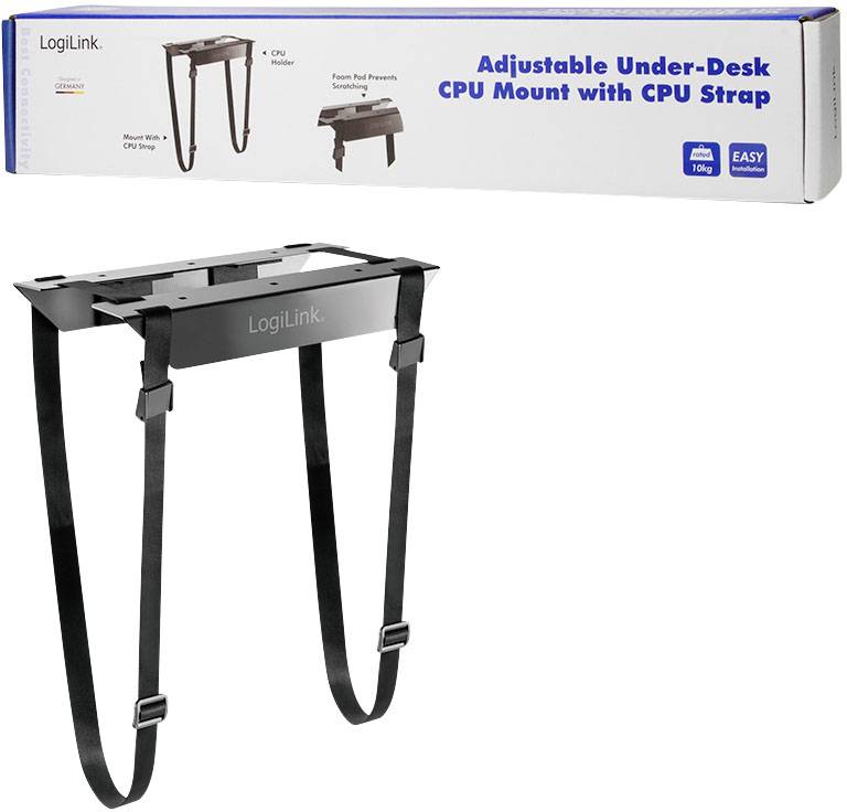 Een verstelbare CPU-houder voor montage onder het bureau. Bevat verstelbare riemen voor verschillende formaten en gewichten.