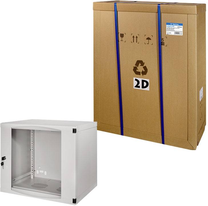 Grijze metalen wandverdeler met verwijderbare deur. Ernaast een bruine transportverpakking met een recycling-symbool.