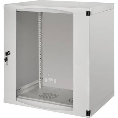 Een grijs serverrack-behuizing met glazen deur, links een slot, geschikt voor de veilige opslag van IT-componenten.