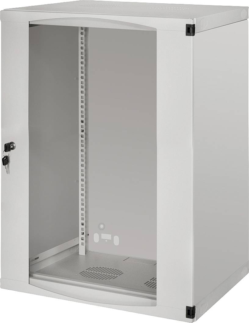 Grijze metalen kast met glazen deur, open, toont een lege binnenkant met legplanken, geschikt voor technische apparatuur of uitrusting.