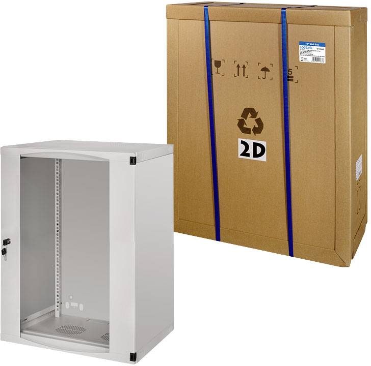 Metalen wandkast voor netwerktechniek, staat naast zijn originele kartonnen verpakking met recycling-logo en productlabel.