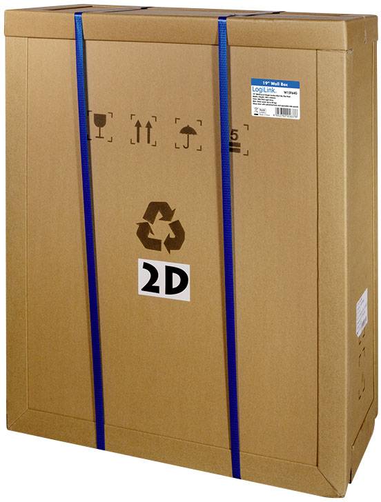 Grote rechthoekige verzendkarton met blauwe plastic banden en recycling-symbool. Etiket: 'LogiLink VT0016' rechtsboven.