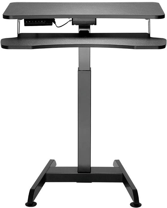 In hoogte verstelbare zwarte sta-tafel met toetsenbordlade, ideaal voor ergonomische werkplekken op kantoor of thuis.