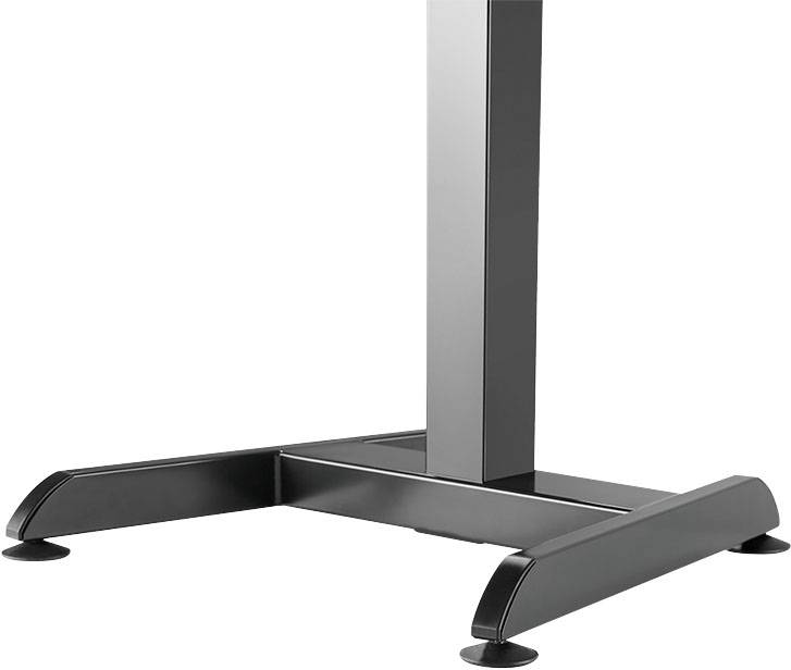 Een stabiele, zwarte metalen voet van een statief met twee brede steunen ter ondersteuning. De ondergrond heeft antisliplaagjes.