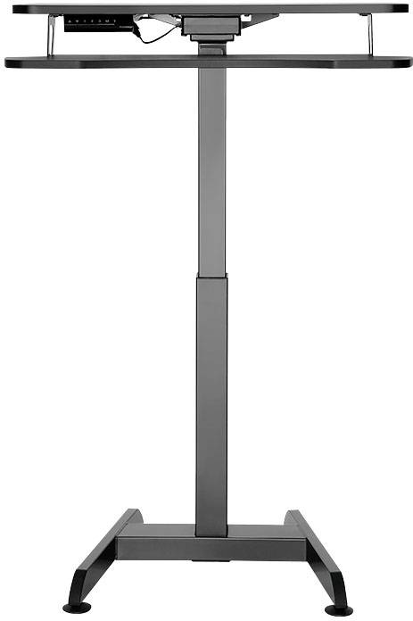 Een in hoogte verstelbaar bureau met metalen frame, geschikt voor ergonomisch werken staand of zittend.