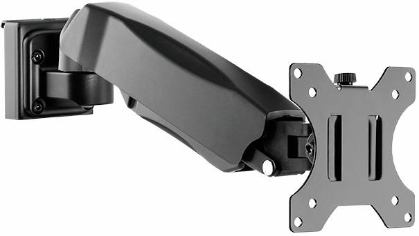 Een zwarte, verstelbare monitorarm voor wandmontage, die de flexibele positionering van een beeldscherm mogelijk maakt.