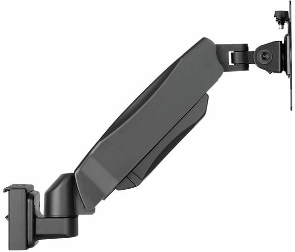 Een verstelbare monitorarm gezien van opzij. Hij heeft een scharnier voor flexibele positionering. Geschikt voor bevestiging aan bureaus.