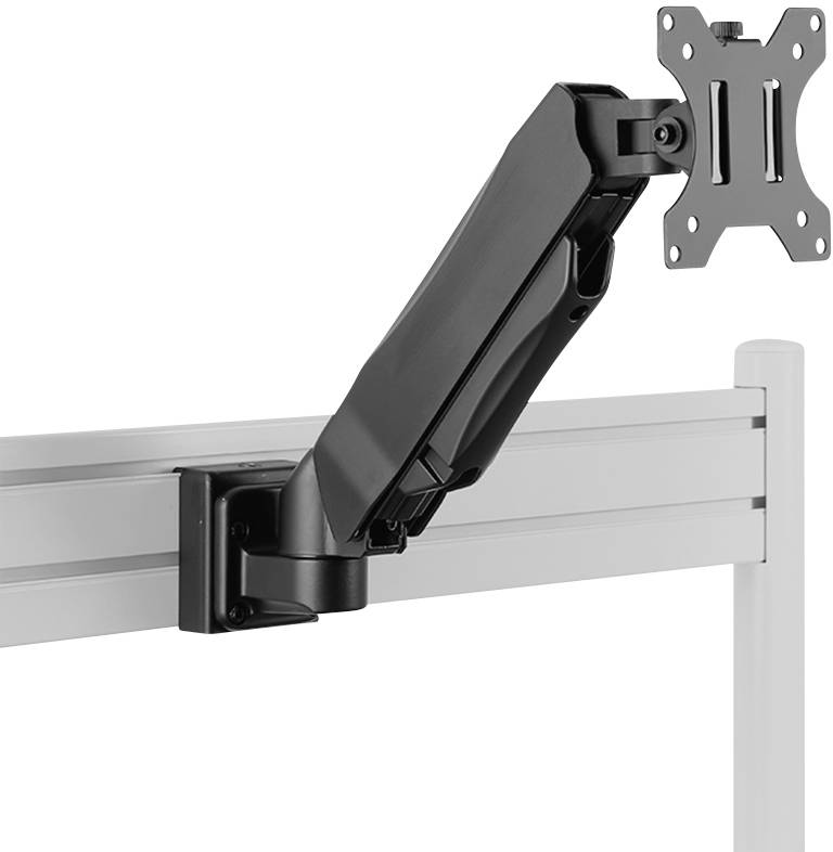 Een zwarte monitorarm, gemonteerd aan een zilveren rail, met verstelbaar gewricht voor flexibele beeldschermpositionering.