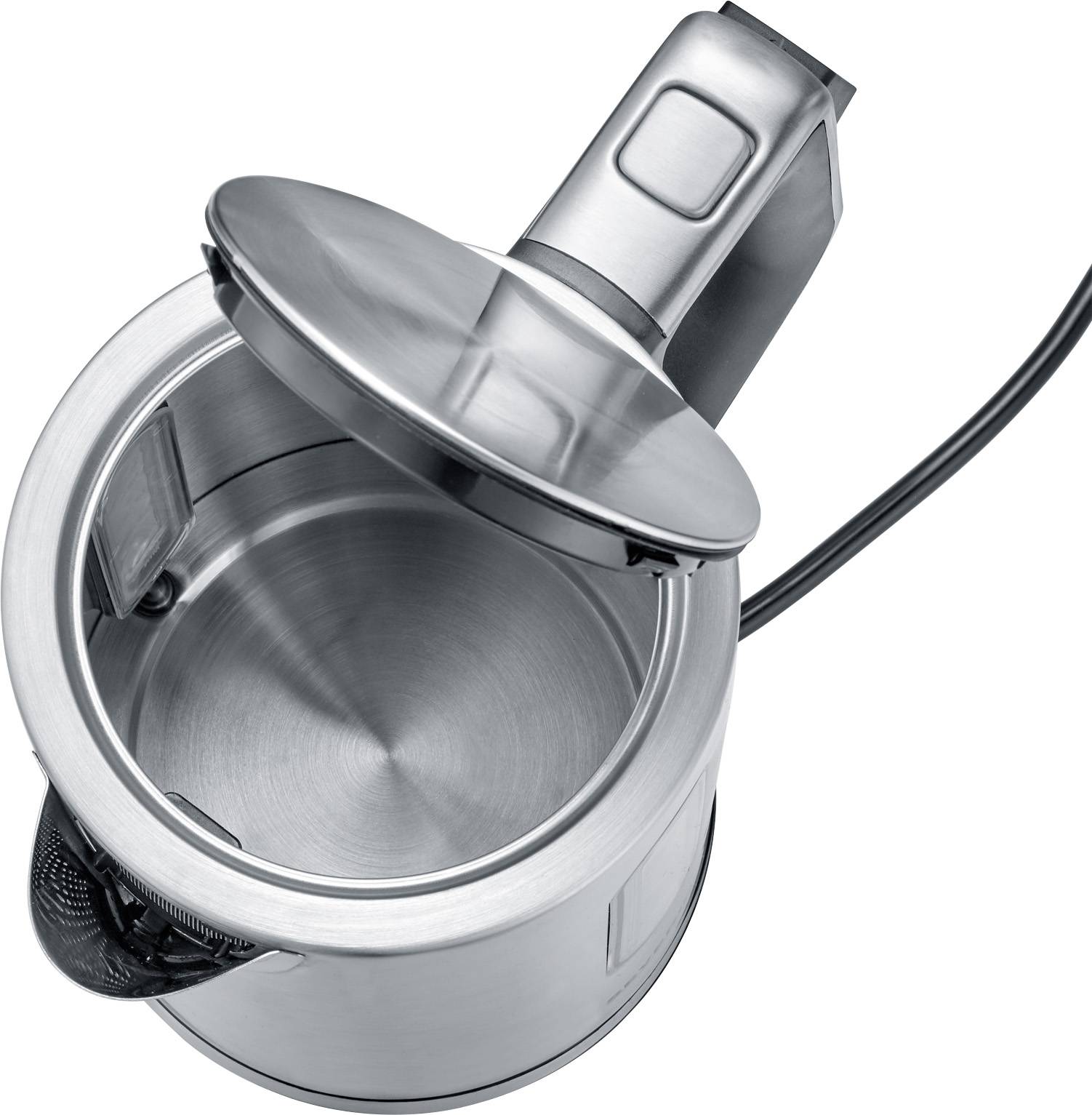 Zilveren elektrische waterkoker met geopend deksel, gezien van bovenaf. Toont het inwendige van de waterkoker met metalen oppervlak.