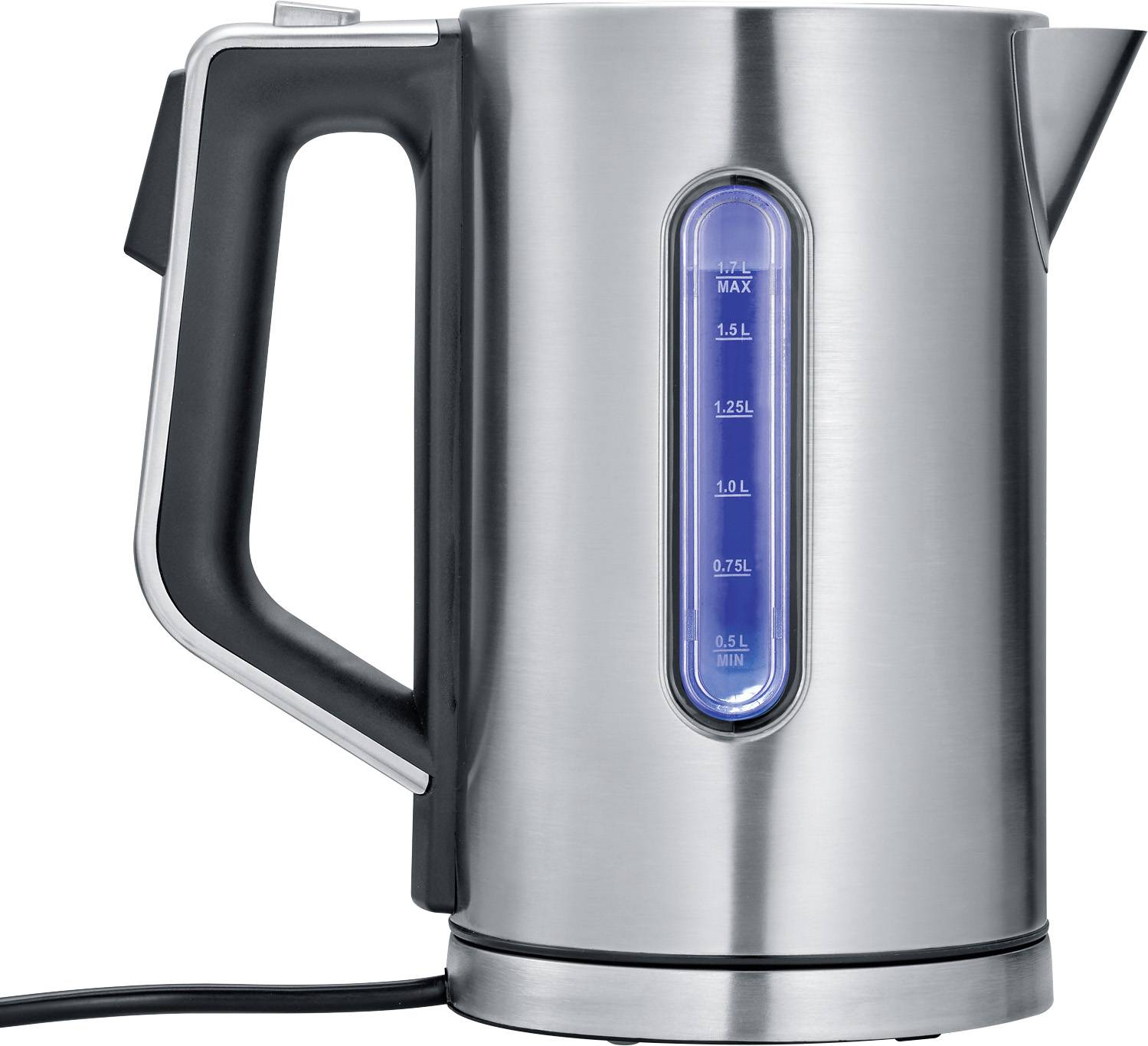 Elektrische waterkoker van roestvrij staal met blauw verlichte waterstandsindicator, zwarte handgrepen, inhoud 1,7 liter.