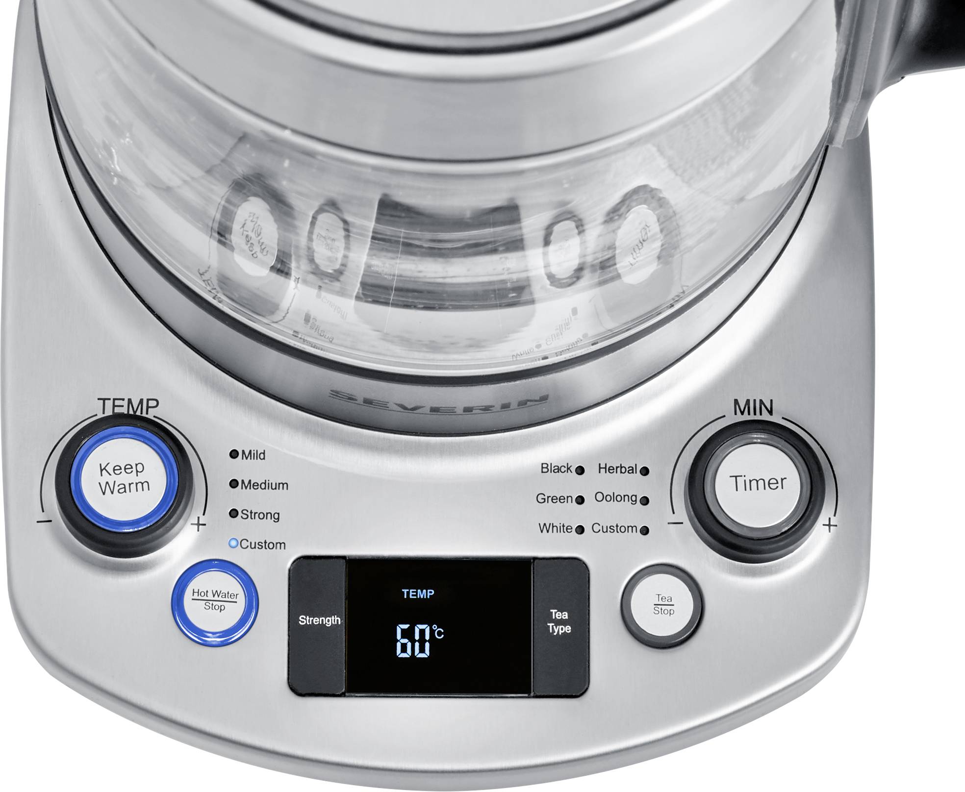 Bedieningspaneel van een waterkoker met display, temperatuurweergave in graden Celsius. Toetsen voor warmhouden, timer, sterkte-instelling en theekeuze.