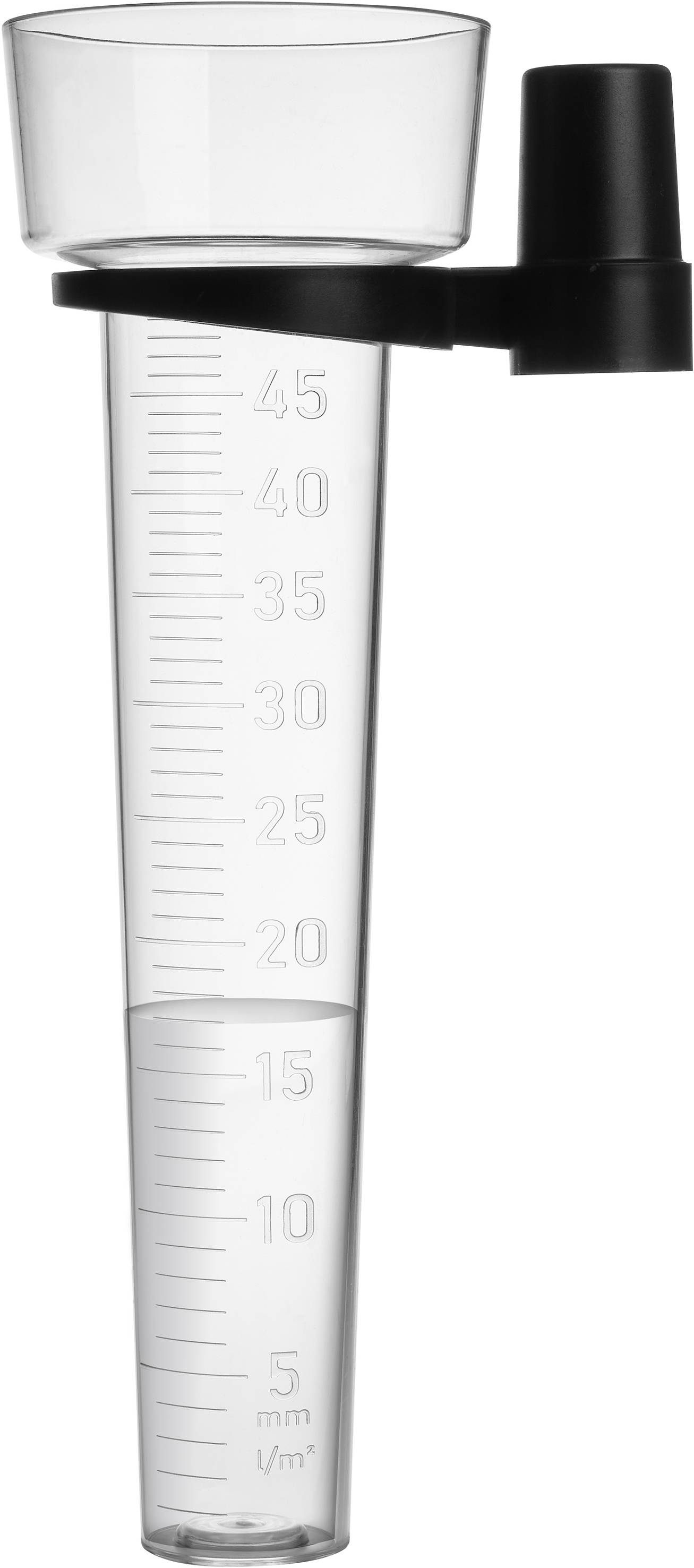 Een transparante regenmeter met een meetschaal van 0 tot 45 millimeter en een zwarte houder voor montage.
