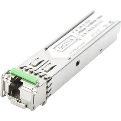 Een zilverkleurige SFP-module met productgegevens op het oppervlak, gebruikt voor netwerkverbindingen in glasvezelsystemen.