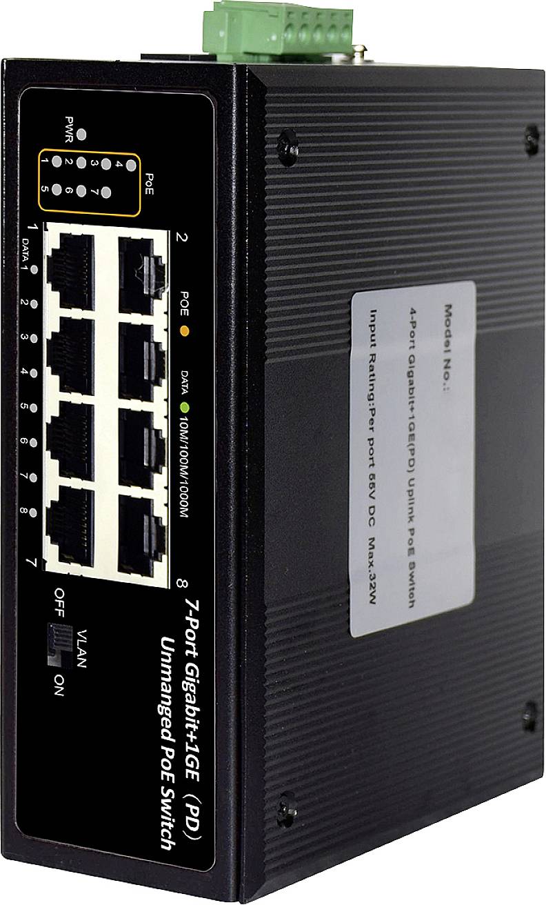 7-Poorts Gigabit PoE-Switch met LED-indicatoren en voedingsaansluiting aan de bovenkant. Zwart, compact design voor industriële toepassingen.