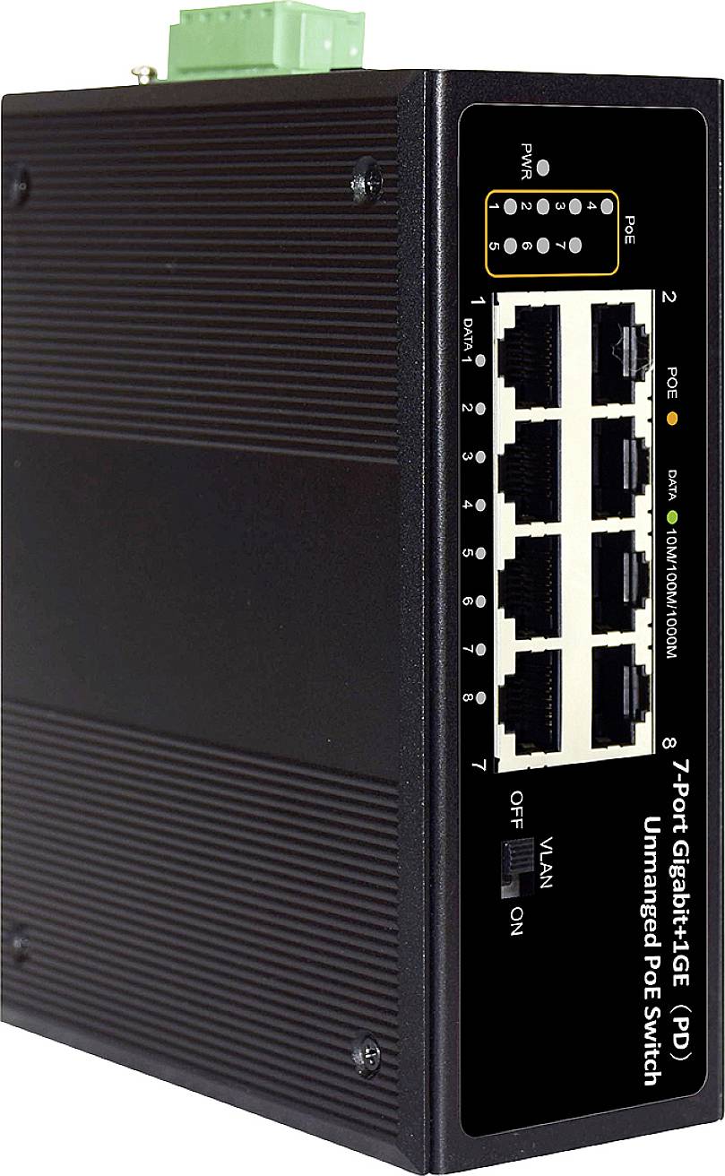 Een zwarte, onbeheerde 7-poorts Gigabit PoE-switch met acht Ethernet-poorten en LED-indicatoren voor status en prestaties.