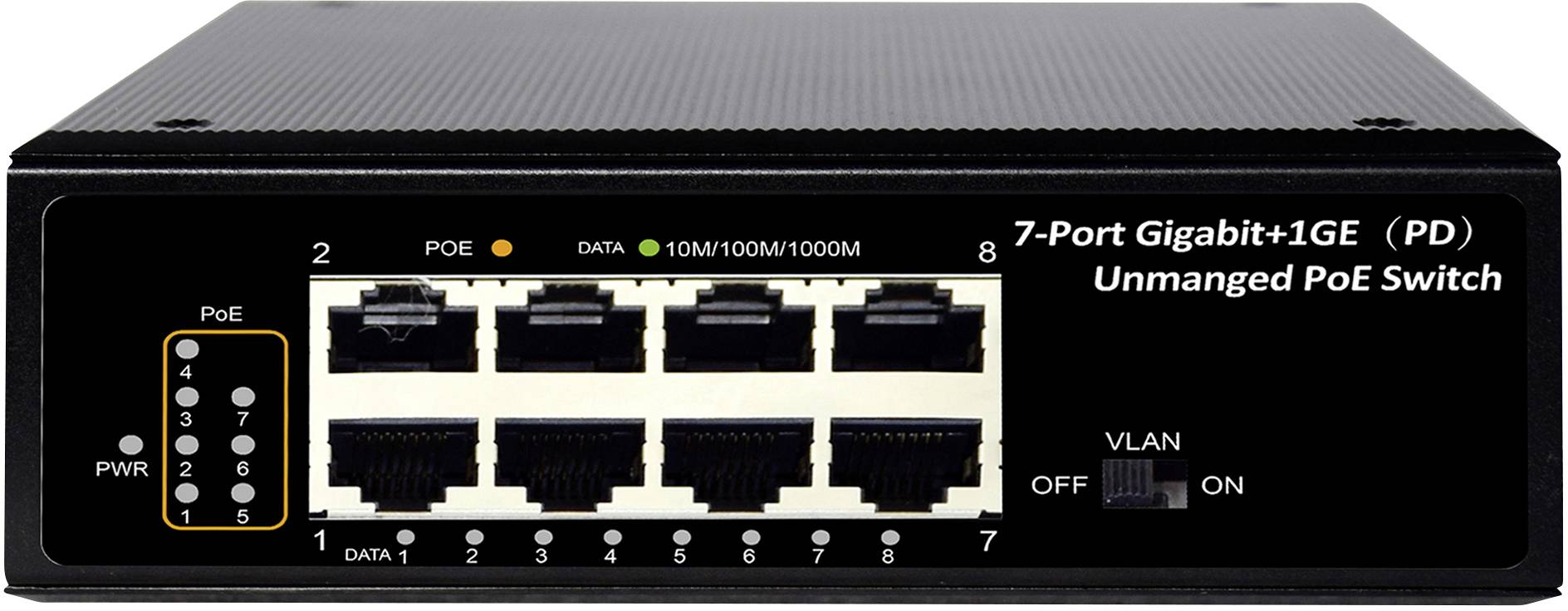 '7-Poorts Gigabit+1GE Onbeheerde PoE Switch' met 8 Ethernet-poorten. LED's geven PoE- en gegevensactiviteit aan. Schakelaar voor VLAN-instelling.