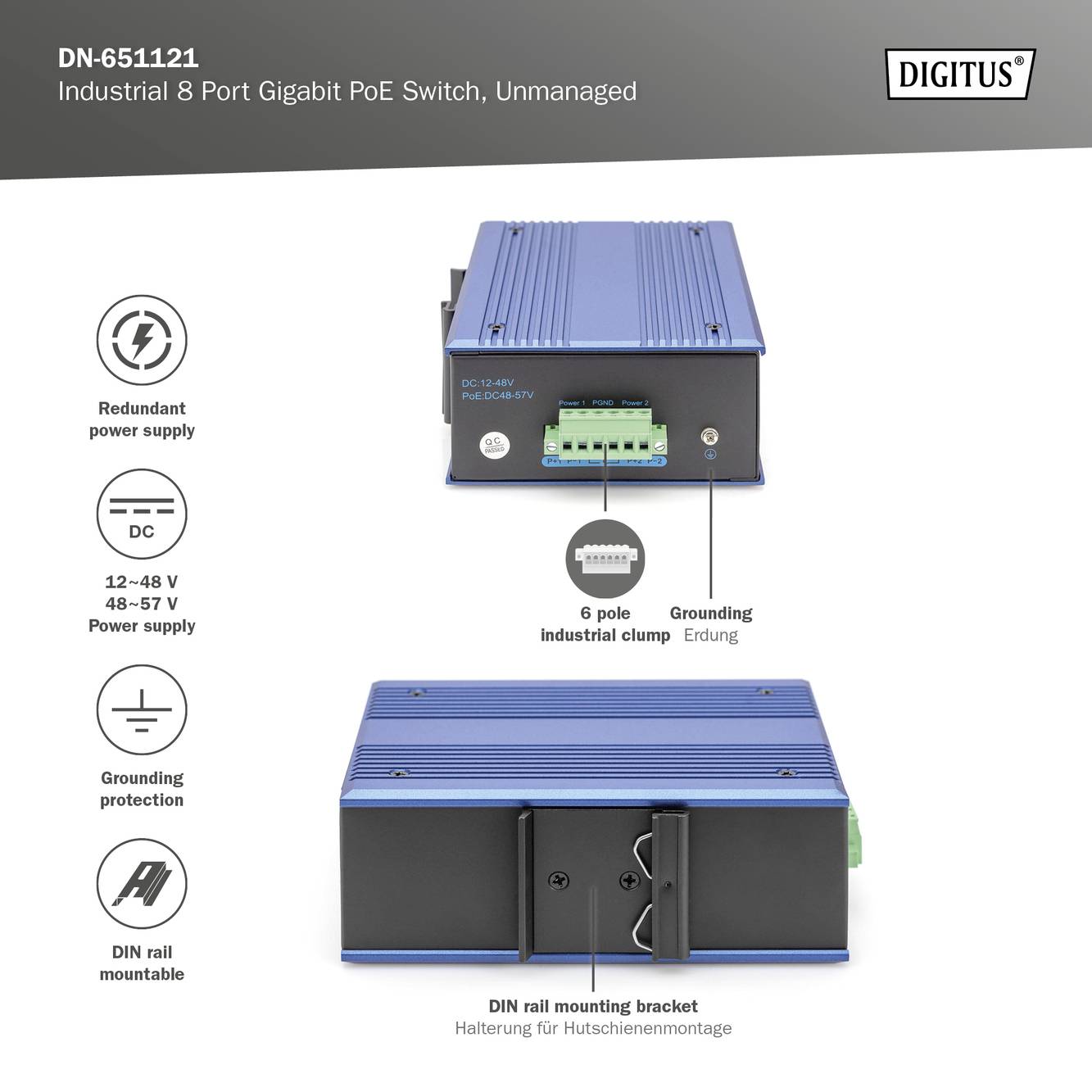 'Digitus Industriële 8-Poorts Gigabit PoE Switch, onbeheerd, Model DN-651121' met redundante voeding, aarding, DIN-railmontage.