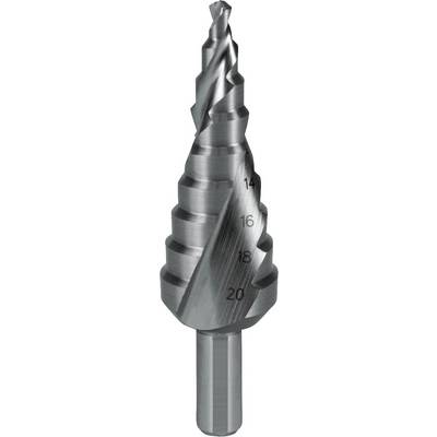 Een conische stapsgewijze metalen boor met meerdere afgestelde diameters van 14 tot 20 mm, geschikt voor boren in verschillende materialen.