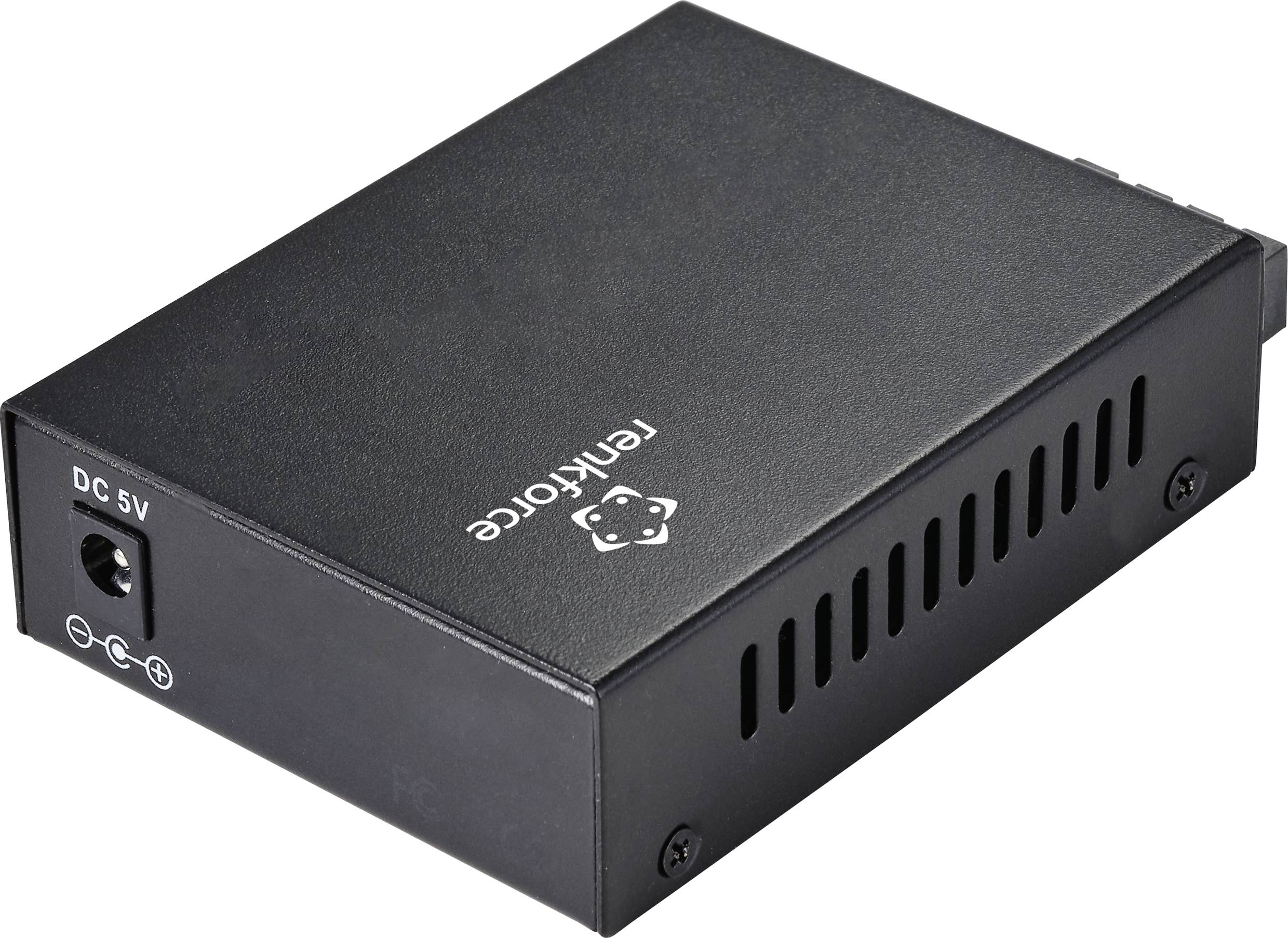 Een zwarte netwerk-media-converter met het logo 'rextorce' op de bovenkant. Aan de linkerkant is een aansluiting voor 5V gelijkstroom zichtbaar.