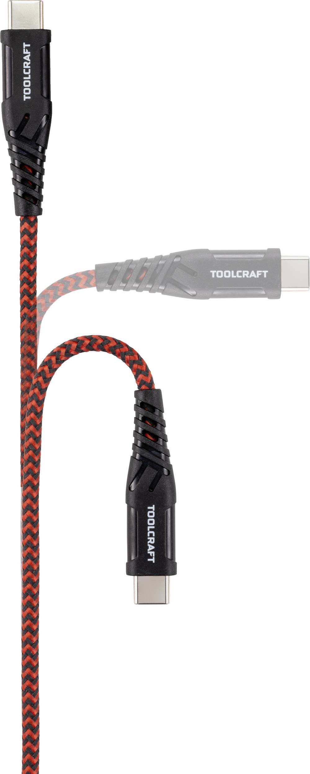 'USB-C-kabel van Toolcraft, zwart-rood gevlochten. Toont kabel en stekker, robuust ontwerp voor veelzijdige verbindingen.'