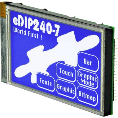 'Displaymodule eDIP240-7 met blauwe scherm, witte omtrek en tekst: Wereldprimeur! Touch, Balk, Lettertypen, Grafische Modus, Grafisch, Bitmap.'