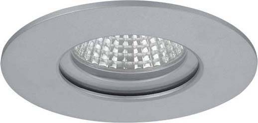 Geïntegreerde plafondlamp in een rond, zilver frame, met een gestructureerd LED-oppervlak voor een brede lichtverspreiding.
