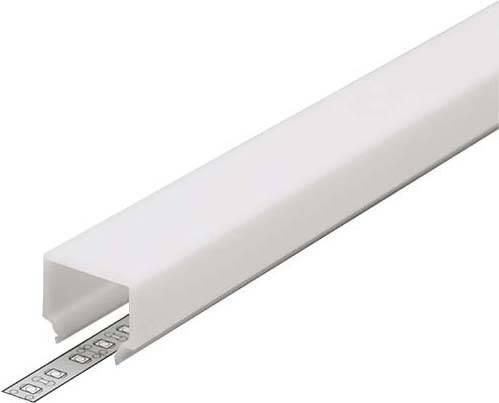 Een U-vormig wit kunststof stuk dat een LED-strip afdekt. Ideaal voor geleiding en afdekking van kabels of lichtlijsten.