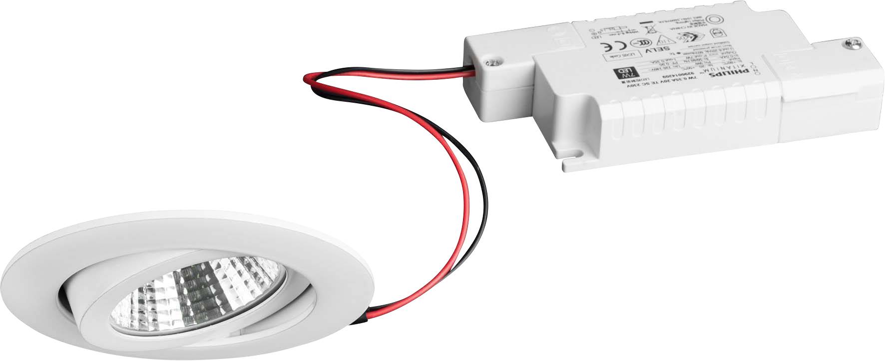 Een LED-inbouwspot met aangesloten transformator, geschikt voor plafondmontage; twee kabels verbinden de componenten.