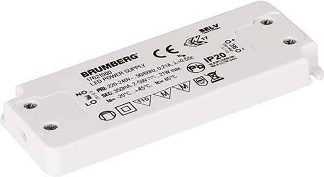 Rechthoekige LED-driver met technische specificaties en certificeringen op de bovenkant. Voornamelijk gebruikt voor LED-verlichting.