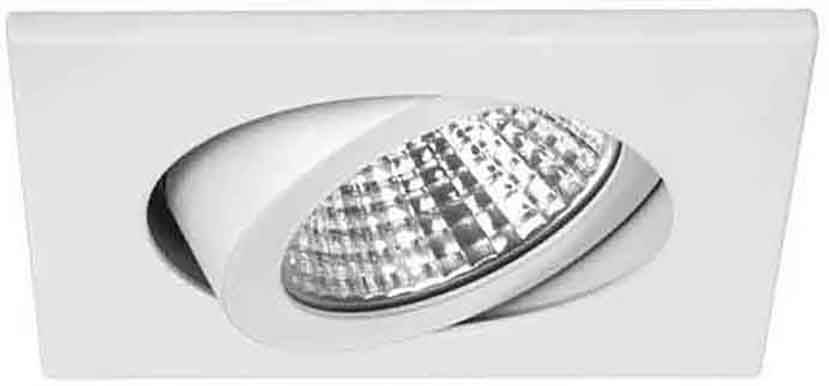 Een witte, rechthoekige inbouwlamp met een kantelbare LED-spot in het midden.