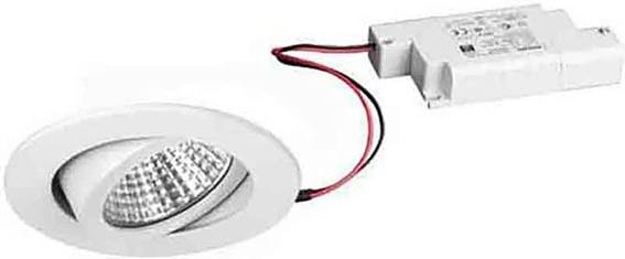 In de afbeelding is een ronde, witte inbouwspot te zien met een LED-driver, die verbonden is door rode en zwarte kabels.