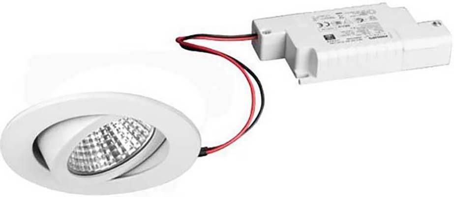 Een LED-plafondspot in een wit behuizing met aangesloten transformator, geschikt voor binnenverlichting.