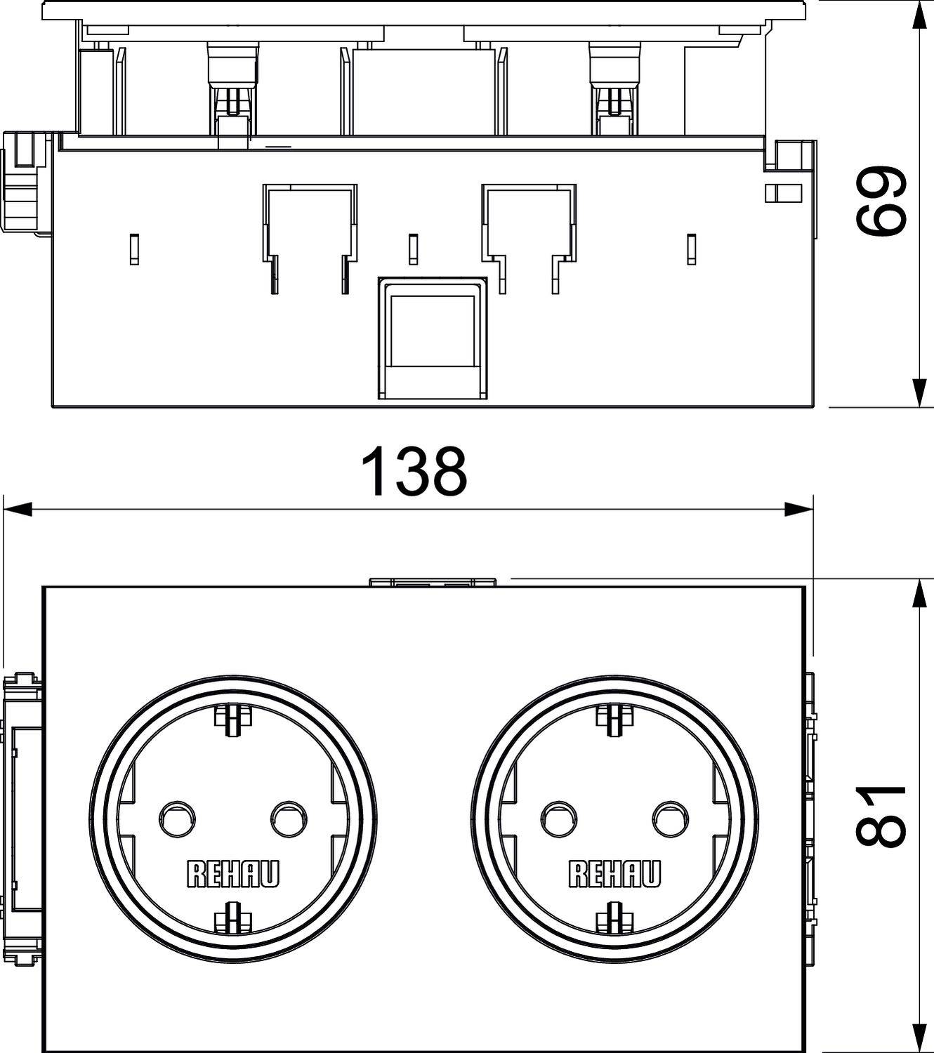 Tekening toont de afmetingen en aanzicht van een dubbel stopcontact van REHAU. Afmetingen: 138 mm breed, 69 mm hoog.