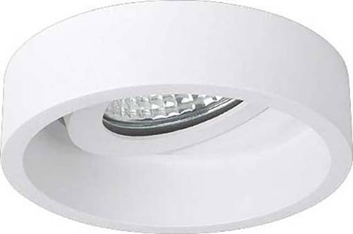 Een ronde, witte plafondlamp met een heldere glazen reflector, gemonteerd in een discrete, moderne bevestiging.