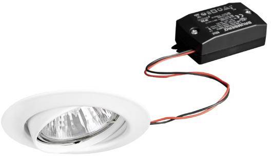 Een witte inbouwspot met halogeenlamp en zwarte transformator met rode en zwarte draden, geschikt voor plafondmontage.
