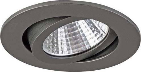 Ronde, draaibare inbouwlamp in een donkere behuizing. De lamp is ontworpen voor gerichte verlichting in binnenruimtes.