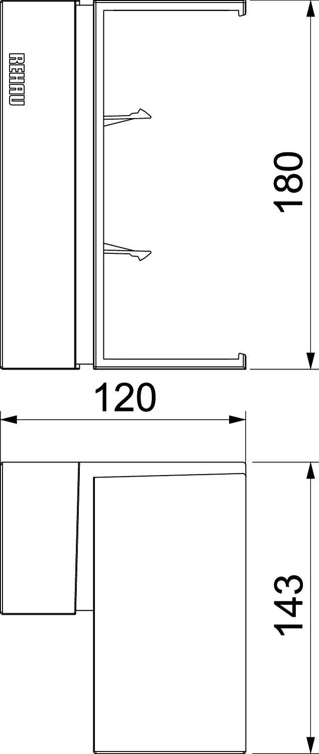 Technische tekening van een rechthoekig element met de afmetingen 180x120 en 143. Bevat labels en pijlen ter verduidelijking.