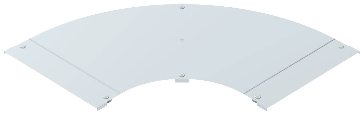 Witte, gebogen metalen afdekking met schroeven in de hoeken, waarschijnlijk onderdeel van een groter constructie of beschermende behuizing.
