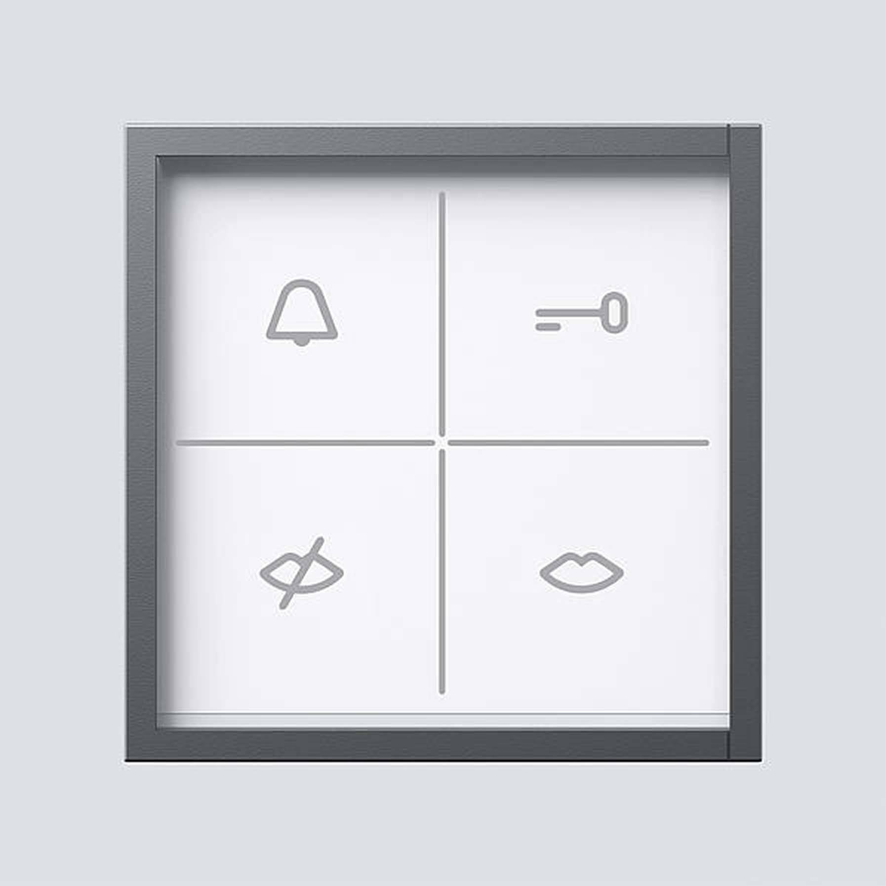 Vierkant paneel met vier symbolen: klok, sleutel, doorgestreepte ogen en lippen. Minimalistisch ontwerp.