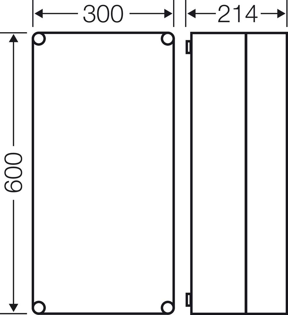 Afmetingendiagram: Rechthoek met afmetingen 600 x 300 mm in vooraanzicht, zijaanzicht toont diepte van 214 mm.