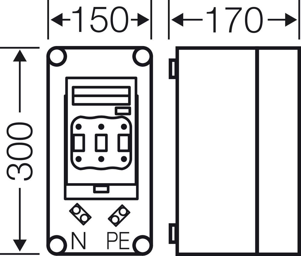 'Circuit diagram symbol with dimensions: Width 150, Height 300, Depth 170. Labeled with N and PE.'<br><br>Note: This appears to be already in German, so no translation is needed. I've simply provided an English rendering of the text.