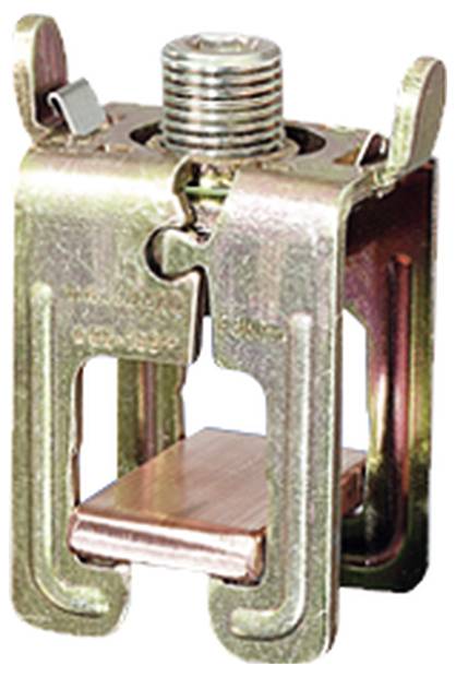 Metalen klem met schroef, gebruikt voor het veilig verbinden van componenten of kabels in elektrische installaties.
