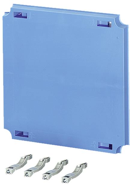 Een blauw kunststof beschermbehuizing met vier zilveren metalen klemmen onderaan, die worden gebruikt voor bevestiging.