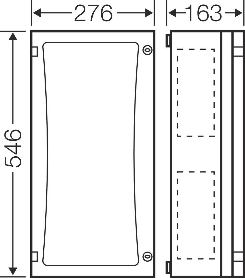 Diagram van een rechthoekig object met afmetingen 276 x 546 x 163 mm. Toont voor- en zijaanzicht met gedetailleerde uitvergrote details.