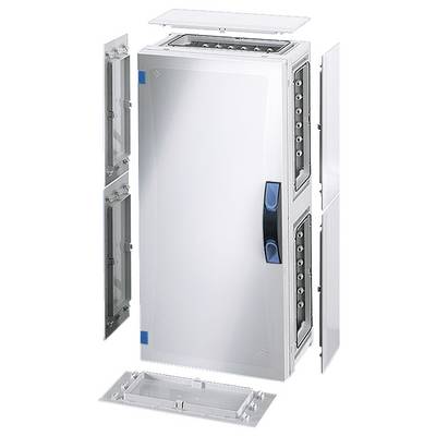 Elektrische verdeelkast met geopende deuren, toont interne compartimenten en montagetoebehoren. Ontworpen voor elektrische installaties.