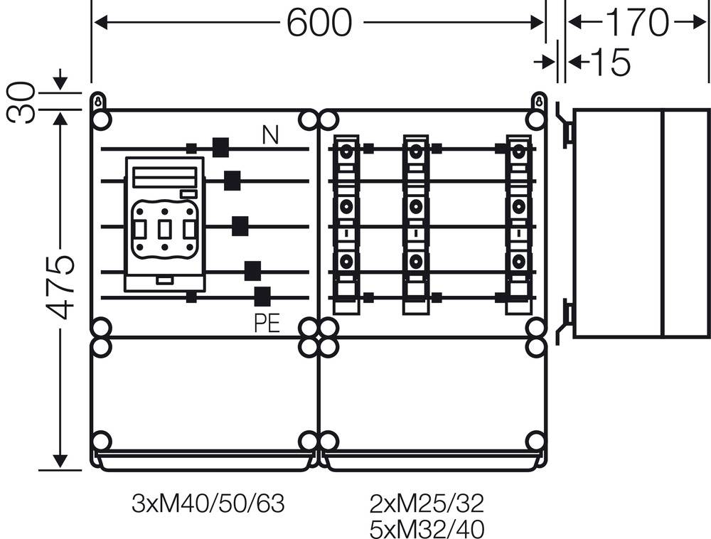 'Technical drawing of an electrical switchbox, shows dimensions: 600 mm width, 475 mm height; connections N, PE and several M sizes.'