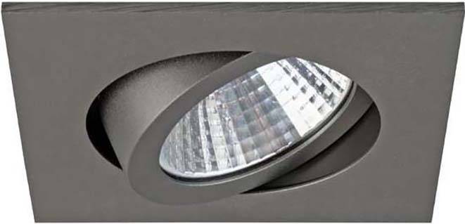 Inbouwspot in een rechthoekige houder van metaal en glas, met kantelbare lamp. Geschikt voor moderne woon- en bedrijfsruimtes.