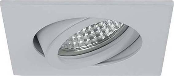 Inbouw-LED-spot in rechthoekige vorm, gemonteerd in een plafond. De lamp heeft een modern, zilverkleurig design.