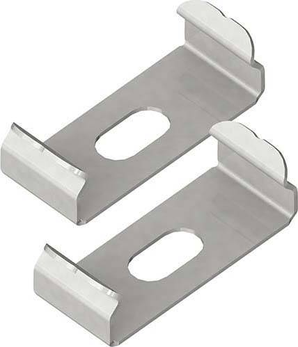 Twee identieke metalen klemmen met ovale uitsparingen in het midden; gebruikt voor het bevestigen van panelen of profielen.